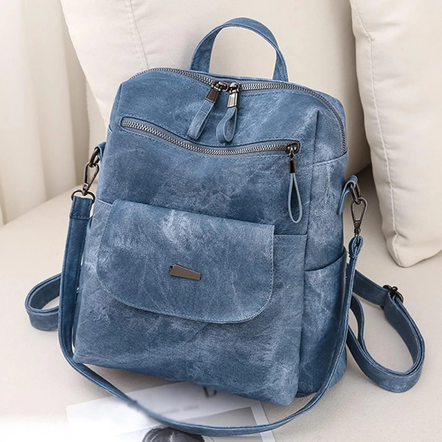 Women Bag Fashion Backpack Comfortable Leather Student Backpack Travel Stick On Wallet for Phone Case (Blue, One Size)
