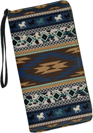 Women Clutch Wallet Southwest Aztec Native American Horse Credit Card Holder Purse Long PU Leather Cash with Wristlet
