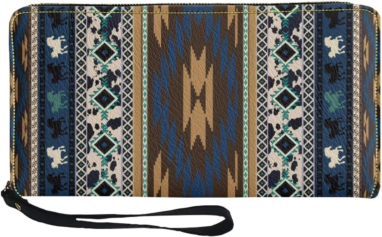 Women Clutch Wallet Southwest Aztec Native American Horse Credit Card Holder Purse Long PU Leather Cash with Wristlet