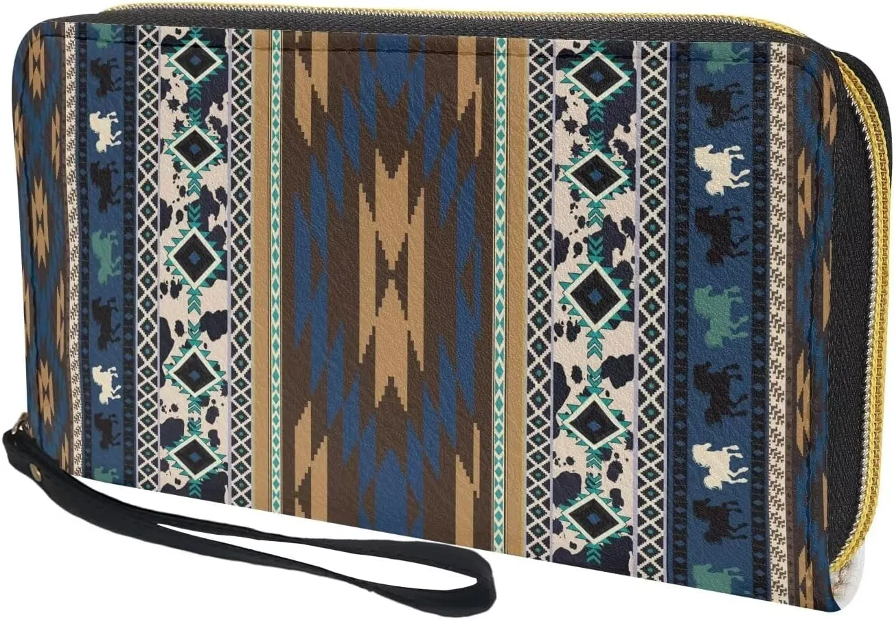 Women Clutch Wallet Southwest Aztec Native American Horse Credit Card Holder Purse Long PU Leather Cash with Wristlet