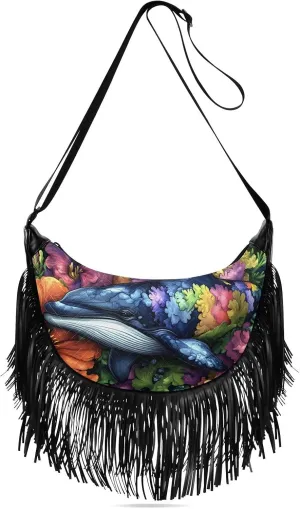 Women Crossbody Bag Fringe Hippie Purses Floral Dolphin Print, Western Tassel Bags with Adjustable Strap Fabric & PU Material