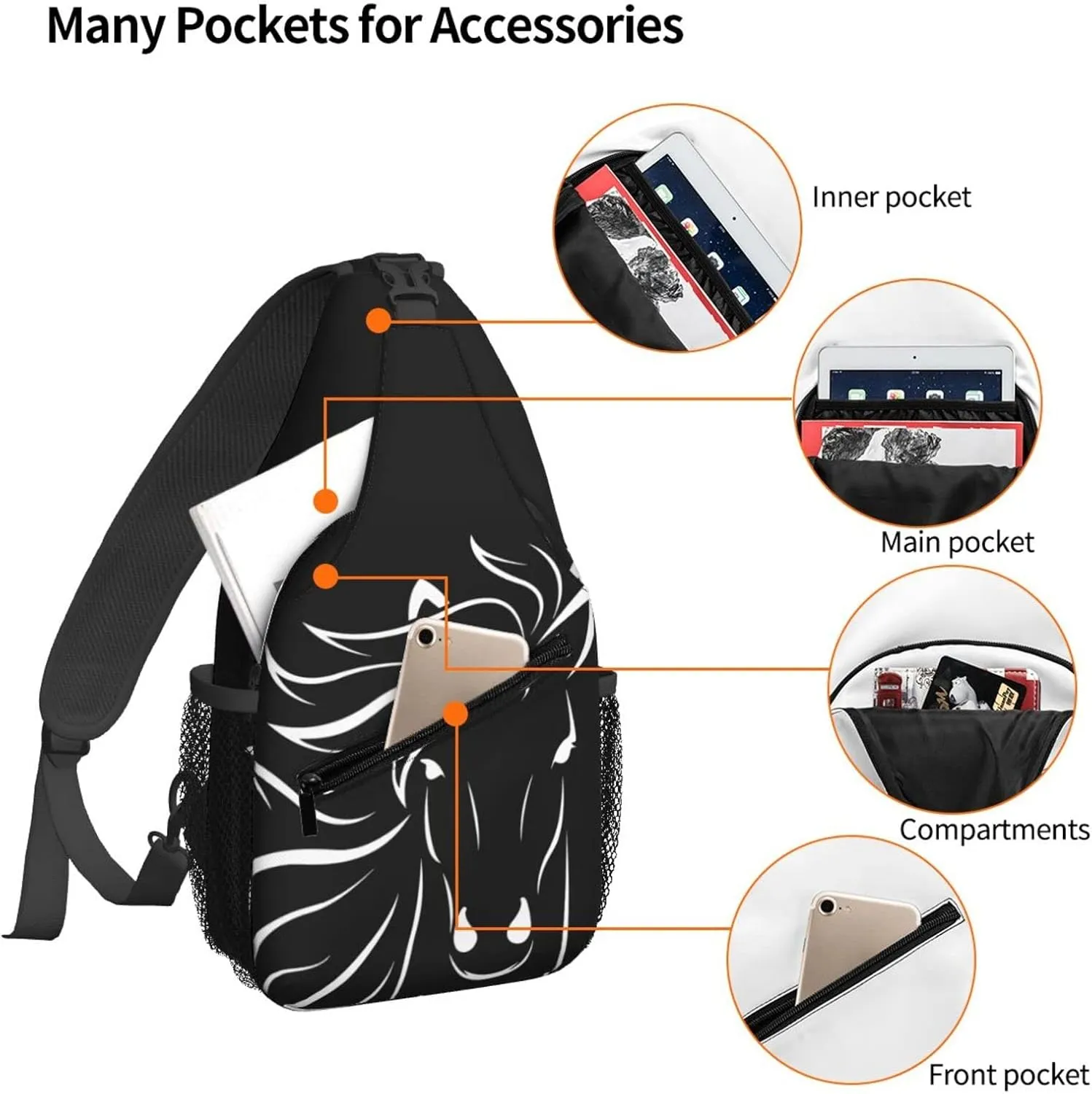 Women Equine Horse Face Head Crossbody Sling Backpack for Men Chest Bag Shoulder Bag Lightweight One Strap Backpack Travel Outdoor Daypack