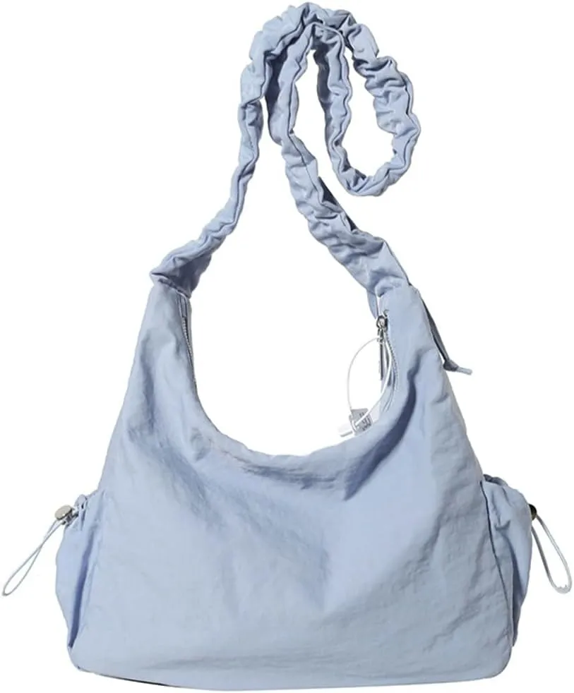 Women Fashion Tote Bag Casual Pleated Drawstrings Shoulder Crossbody Purse Armpit Bag Nylon Satchel