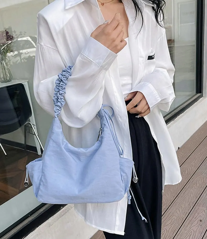 Women Fashion Tote Bag Casual Pleated Drawstrings Shoulder Crossbody Purse Armpit Bag Nylon Satchel