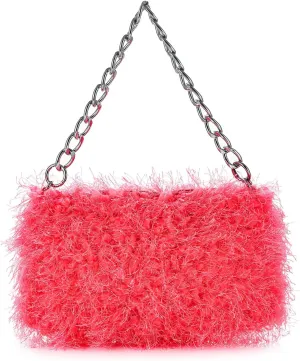 Women Faux Fur Fluffy Shoudler Bag Trendy Soft Plush Hobo Purse Y2K Fuzzy Underarm Tote Small Square Chain Strap Handbag