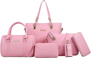 Women Handbags 6 Pcs Set PU Top Handle Purse Splicing Shoulder Crossbody Bag Tote Satchels Clutch Card Holder