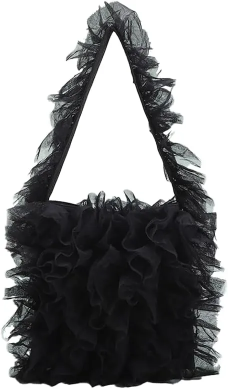 Women Lace Shoulder Handbag Soft Gauze Underarm Bag Lace Ruffle Style Tote Purse