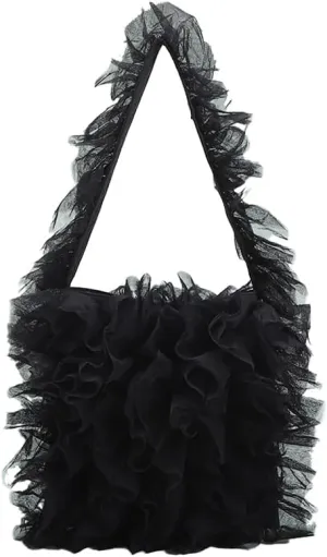 Women Lace Shoulder Handbag Soft Gauze Underarm Bag Lace Ruffle Style Tote Purse
