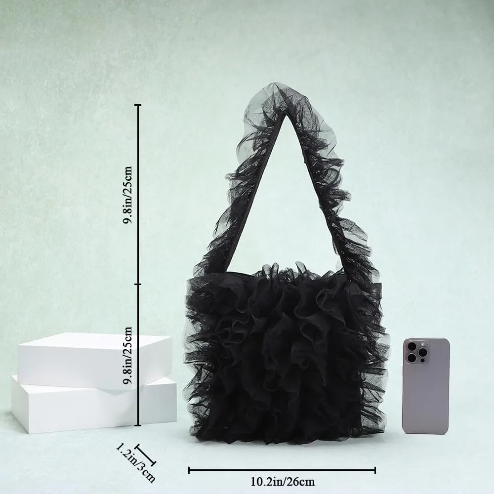 Women Lace Shoulder Handbag Soft Gauze Underarm Bag Lace Ruffle Style Tote Purse