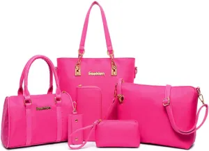 Women Ladies 6 Pcs Handbag Set Hobo Top Handle Bag Totes Satchels Crossbody Shoulder Bags and Purse Clutch