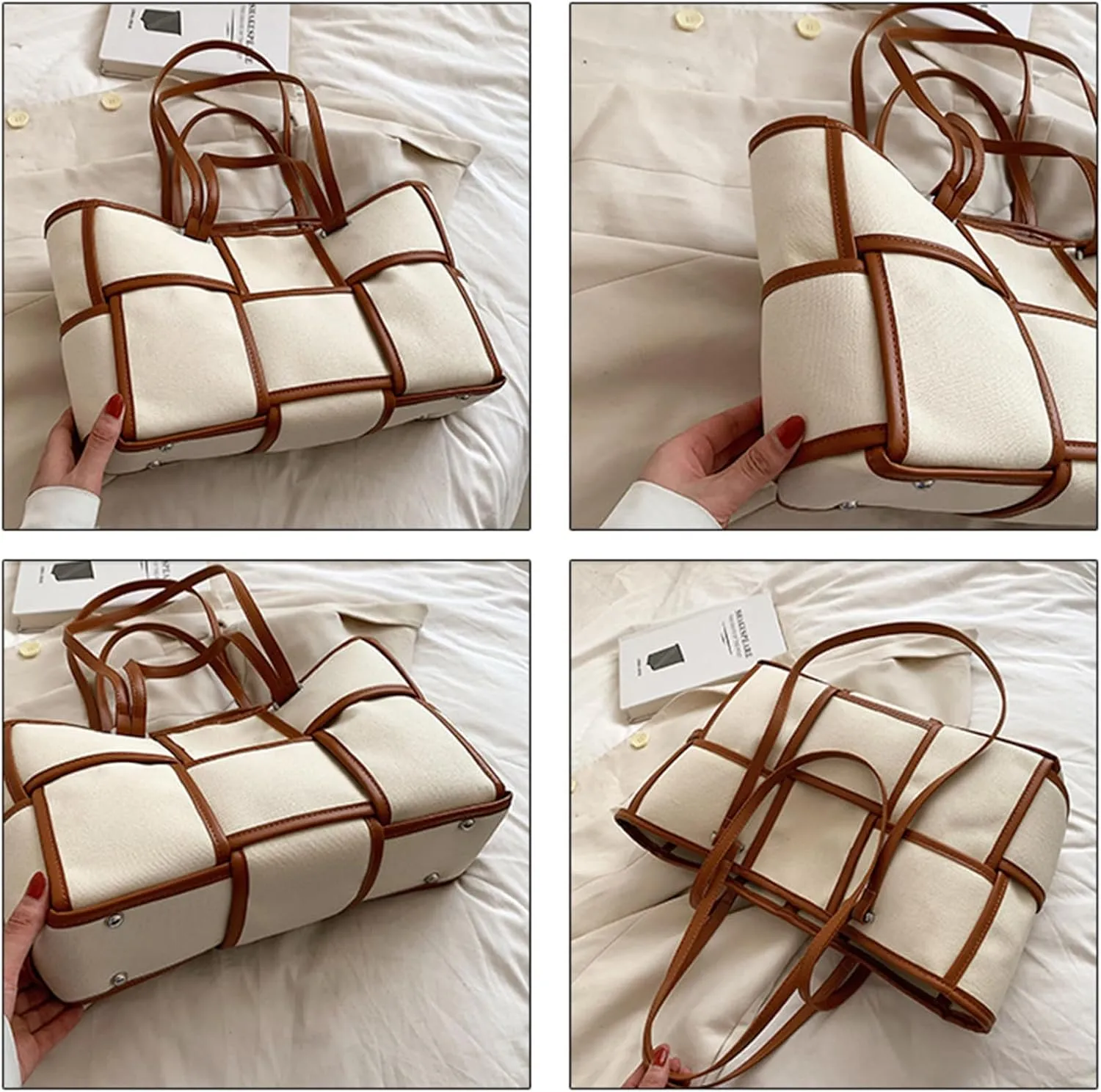 Women Large Leather Woven Shoulder Bag Crossbody Bag,Ladies Top Handle Satchel Tote Work Bag with Matching Clutch