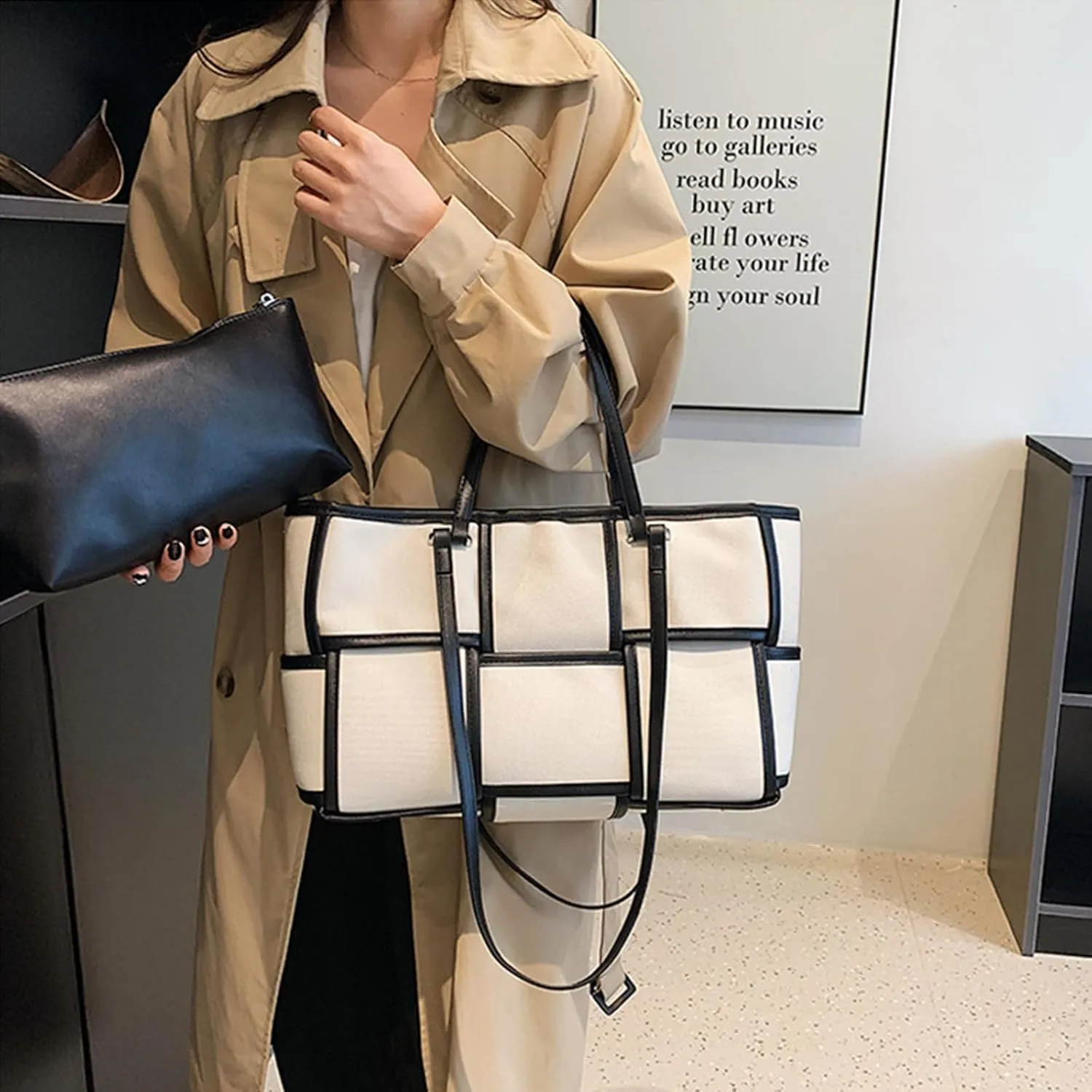 Women Large Leather Woven Shoulder Bag Crossbody Bag,Ladies Top Handle Satchel Tote Work Bag with Matching Clutch
