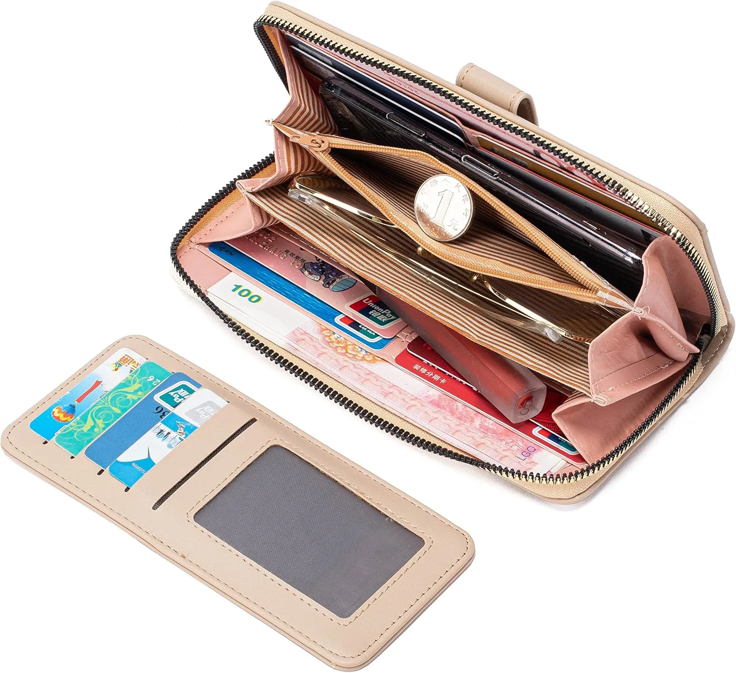 Women Leather Wallet RFID Blocking Zipper Pocket Wallet Card Case Purse with ID Window