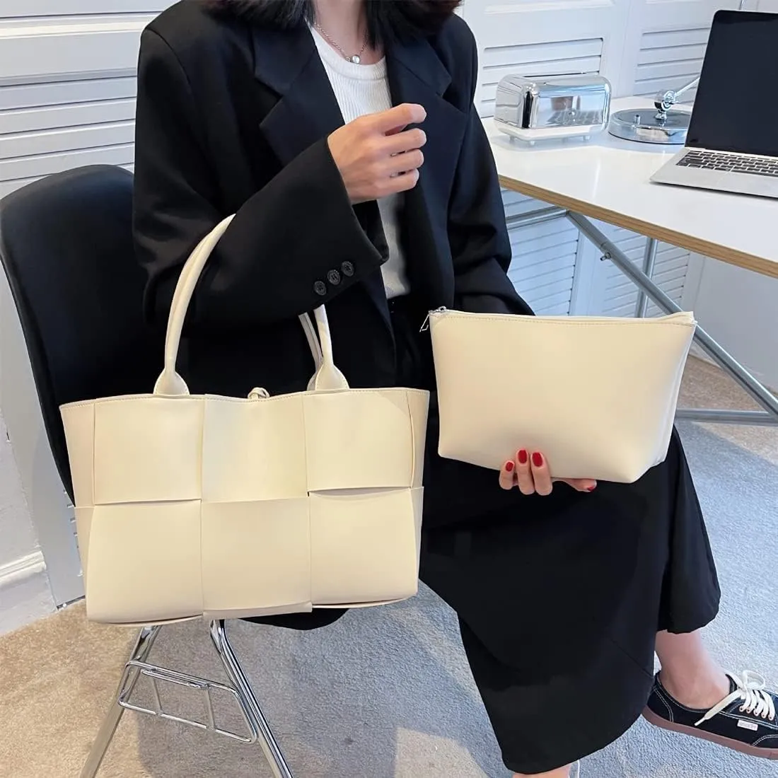 Women Leather Woven Shoulder Bag,Ladies Top Handle Satchel Tote Work Bag with Matching Clutch…