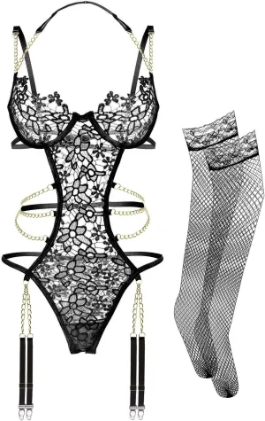 Women Lingerie Set Floral Lace Teddy Strap Chain Babydoll Bodysuit Bra and Panty Set with Garter Belts