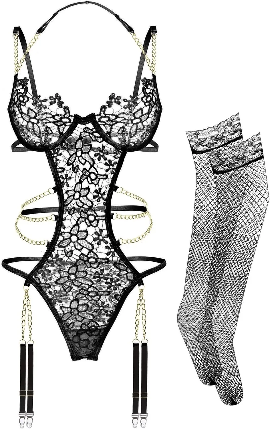 Women Lingerie Set Floral Lace Teddy Strap Chain Babydoll Bodysuit Bra and Panty Set with Garter Belts