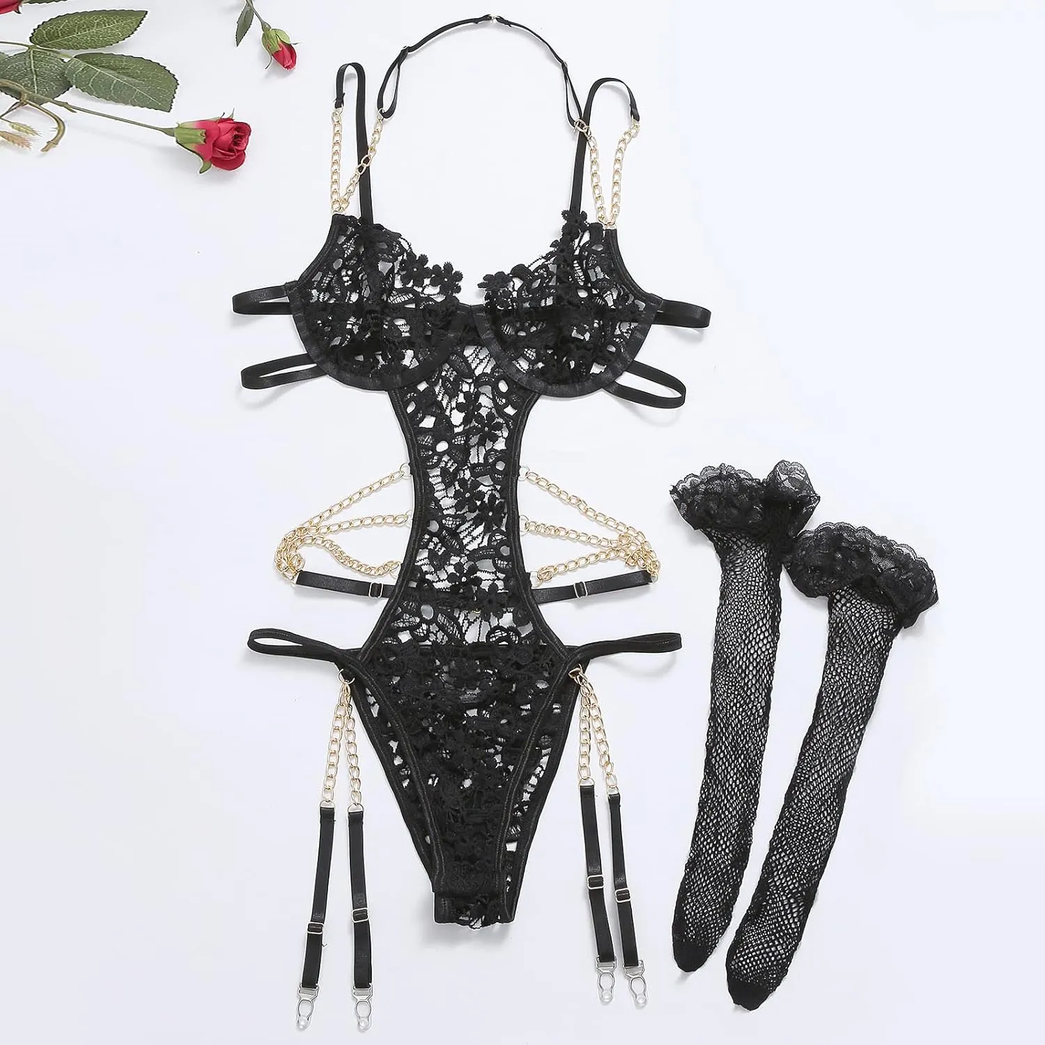 Women Lingerie Set Floral Lace Teddy Strap Chain Babydoll Bodysuit Bra and Panty Set with Garter Belts