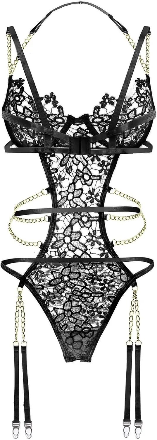 Women Lingerie Set Floral Lace Teddy Strap Chain Babydoll Bodysuit Bra and Panty Set with Garter Belts