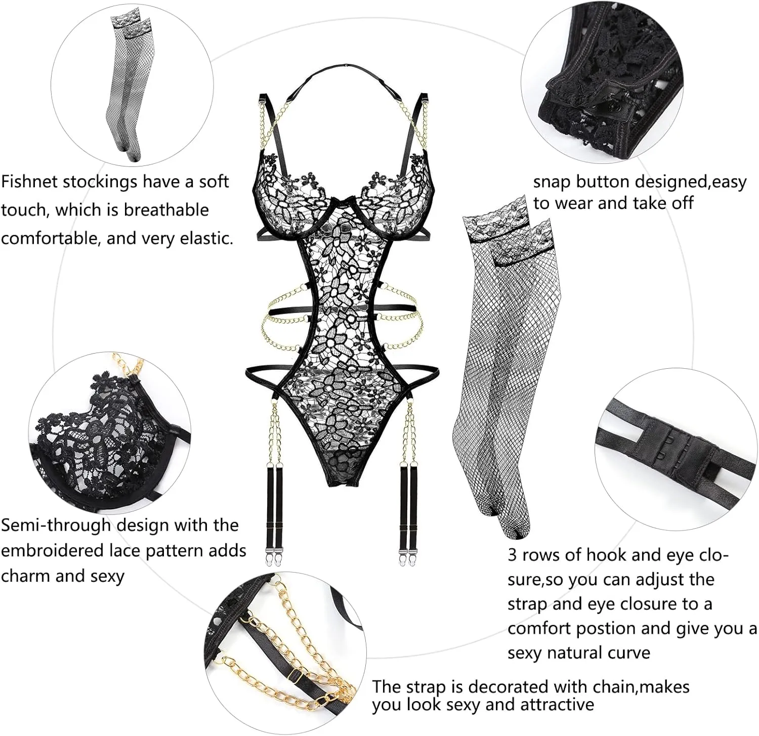 Women Lingerie Set Floral Lace Teddy Strap Chain Babydoll Bodysuit Bra and Panty Set with Garter Belts