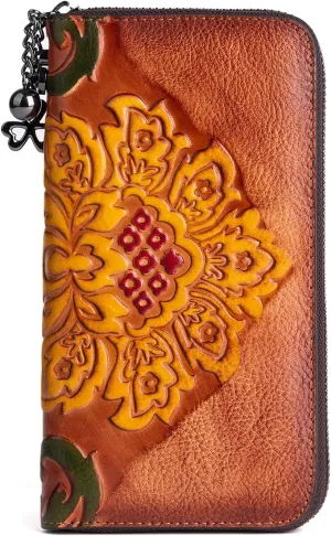 Women Long Wallet Vintage Embossing Ethnic Style Card Holder Genuine Leather Clutch Large Capacity Multi Pocket Purse (Brown)