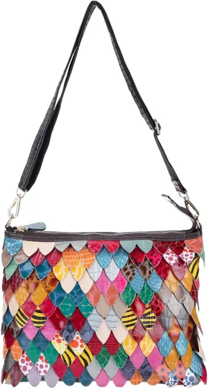 Women Random Multicolor Shoulder Purse Leather Handbag Leaf Patchwork Satchels