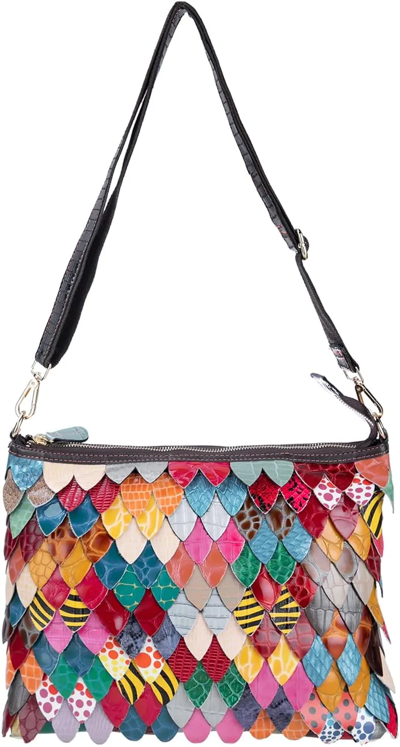 Women Random Multicolor Shoulder Purse Leather Handbag Leaf Patchwork Satchels