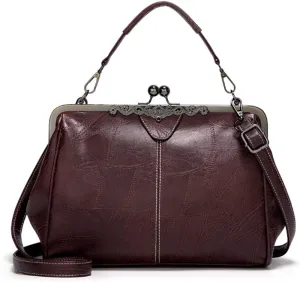 Women Retro Kiss Lock Handbag Purse Oil Wax PU Small Tote Satchels Shoulder Crossbody Bag