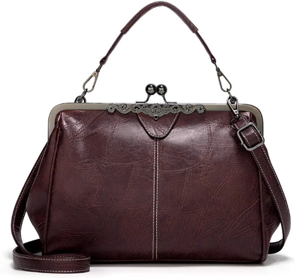 Women Retro Kiss Lock Handbag Purse Oil Wax PU Small Tote Satchels Shoulder Crossbody Bag