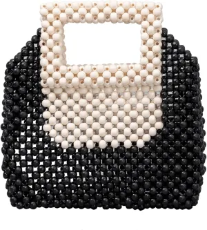 Women Retro Wood Beaded Small Tote Bag Summer Girls Natural Handmade Woven Purse Handbag For Party Beach Vacation