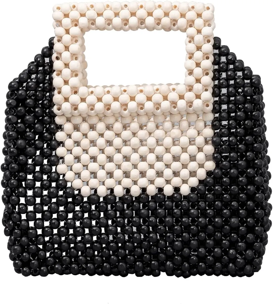 Women Retro Wood Beaded Small Tote Bag Summer Girls Natural Handmade Woven Purse Handbag For Party Beach Vacation