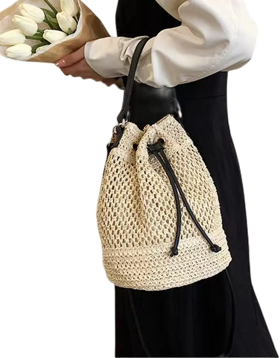 Women Straw Drawstring Bucket Purse Small Tote Shoulder Handbag Hollow Out Cross-body Bag for Summer,Beach