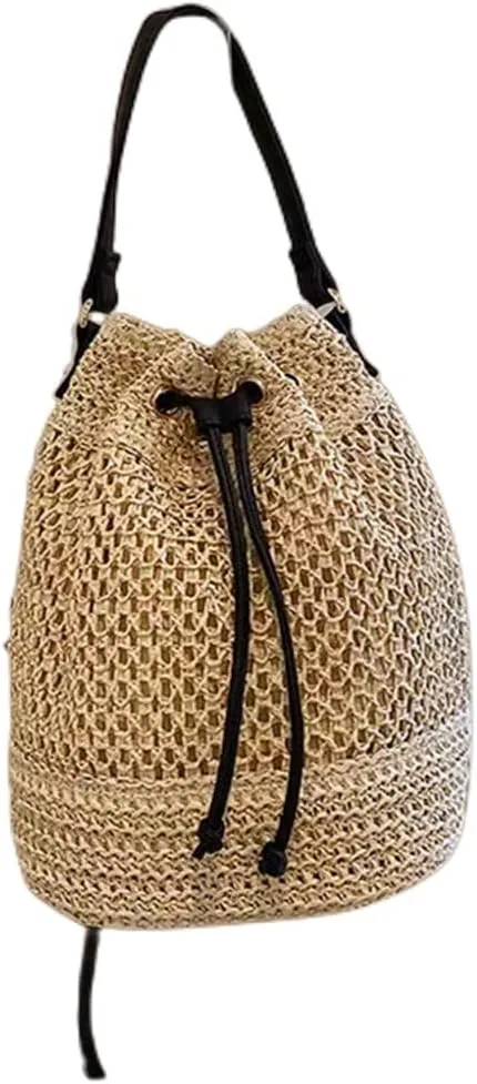 Women Straw Drawstring Bucket Purse Small Tote Shoulder Handbag Hollow Out Cross-body Bag for Summer,Beach