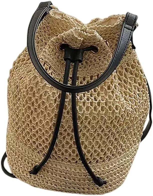 Women Straw Drawstring Bucket Purse Small Tote Shoulder Handbag Hollow Out Cross-body Bag for Summer,Beach
