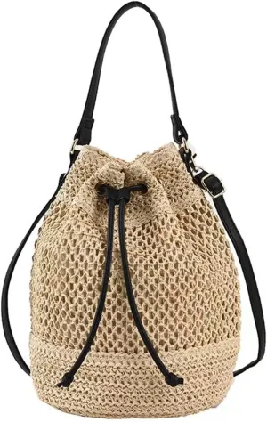Women Straw Drawstring Bucket Purse Small Tote Shoulder Handbag Hollow Out Cross-body Bag for Summer,Beach