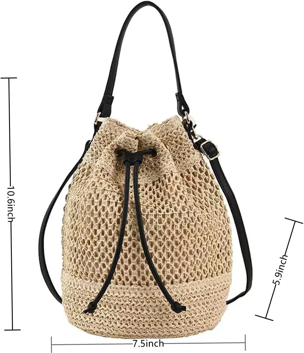 Women Straw Drawstring Bucket Purse Small Tote Shoulder Handbag Hollow Out Cross-body Bag for Summer,Beach