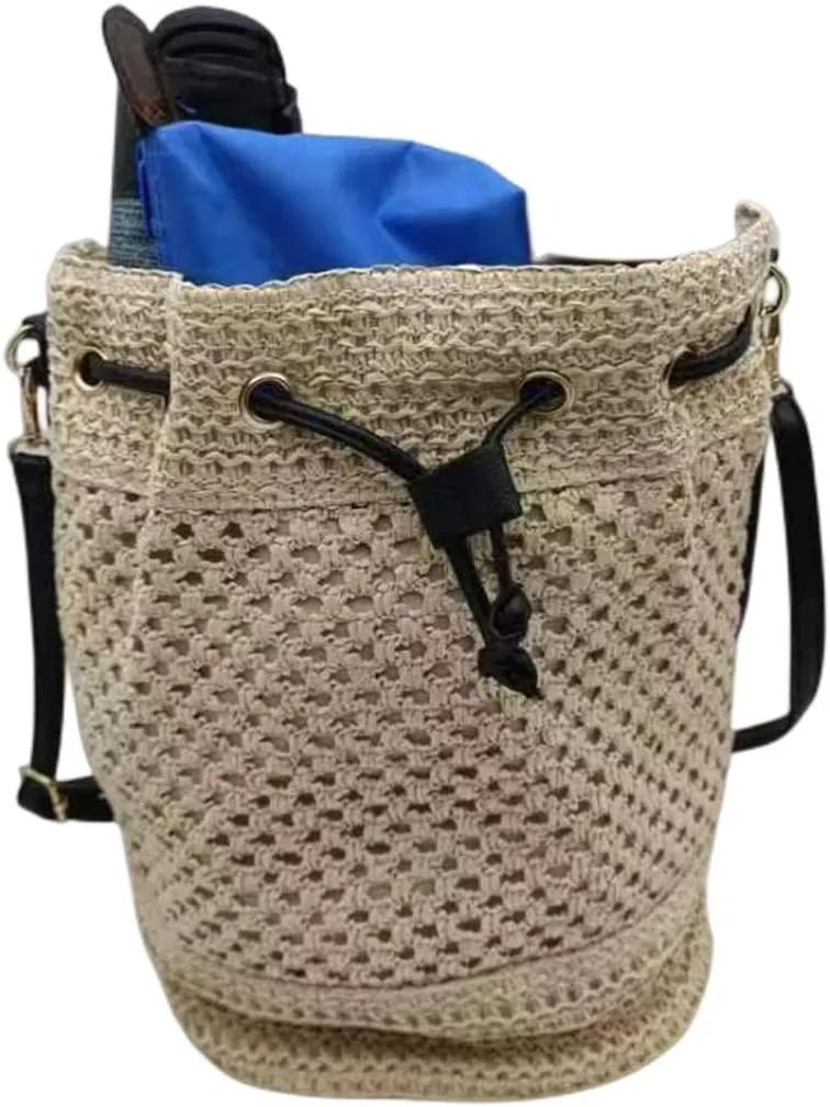 Women Straw Drawstring Bucket Purse Small Tote Shoulder Handbag Hollow Out Cross-body Bag for Summer,Beach