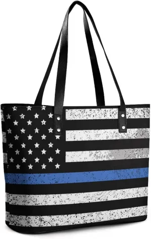Women Thin Blue Line Retro American Flag Police Pattern Black Leather Tote Bags Purses and Handbags Shoulder Crossbody Work with Laptop Compartment