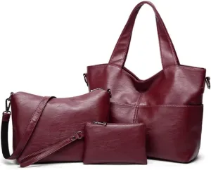 Women Tote Bag Soft Leather Fashion Shoulder Crossbody Handbag 3 Pcs