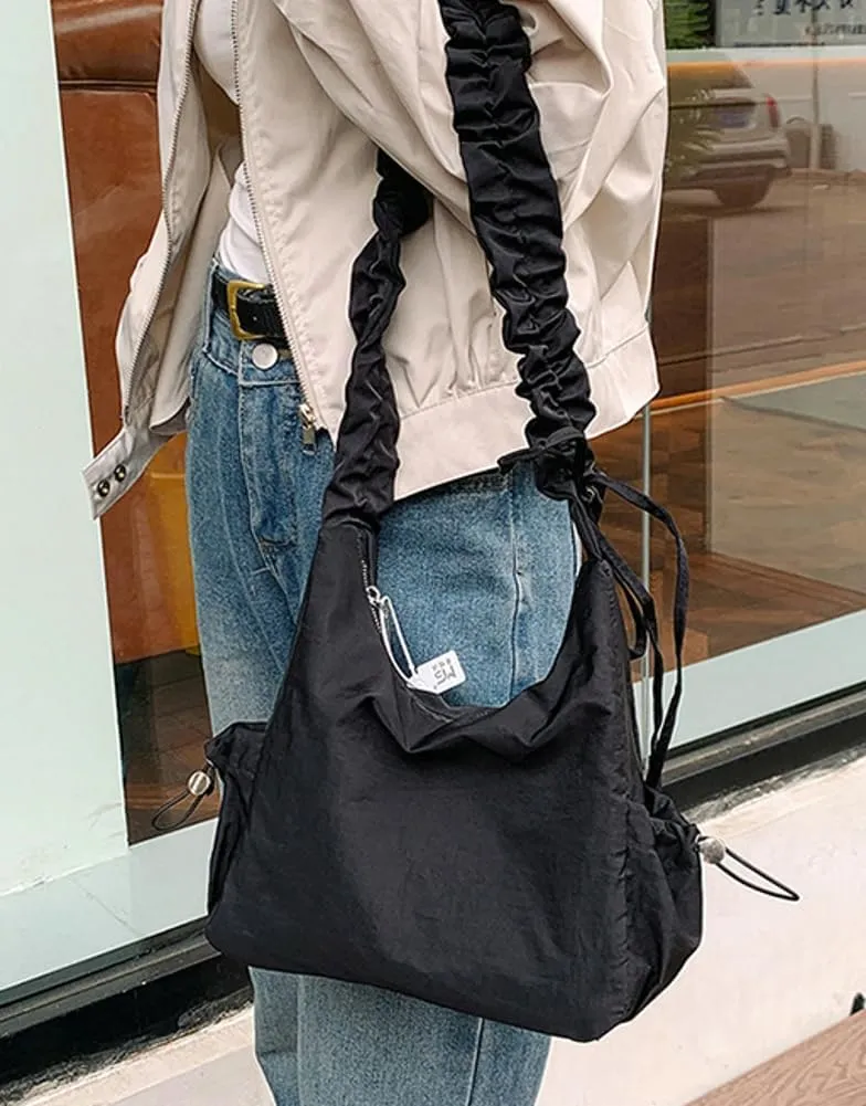 Women Tote Bags Casual Solid Crossbody Armpit Bag Nylon Shoulder Handbag Pleated Drawstrings Crossbody Purse