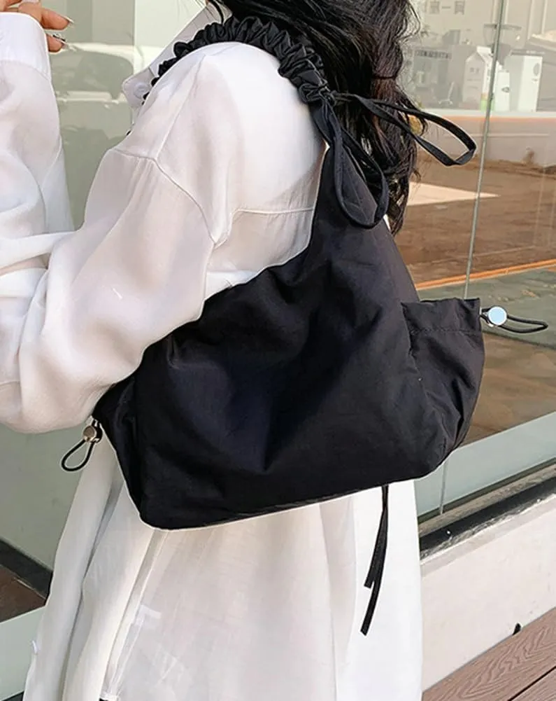 Women Tote Bags Casual Solid Crossbody Armpit Bag Nylon Shoulder Handbag Pleated Drawstrings Crossbody Purse