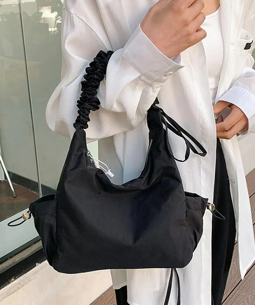 Women Tote Bags Casual Solid Crossbody Armpit Bag Nylon Shoulder Handbag Pleated Drawstrings Crossbody Purse