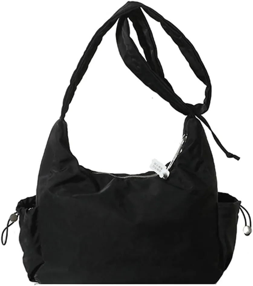 Women Tote Bags Casual Solid Crossbody Armpit Bag Nylon Shoulder Handbag Pleated Drawstrings Crossbody Purse