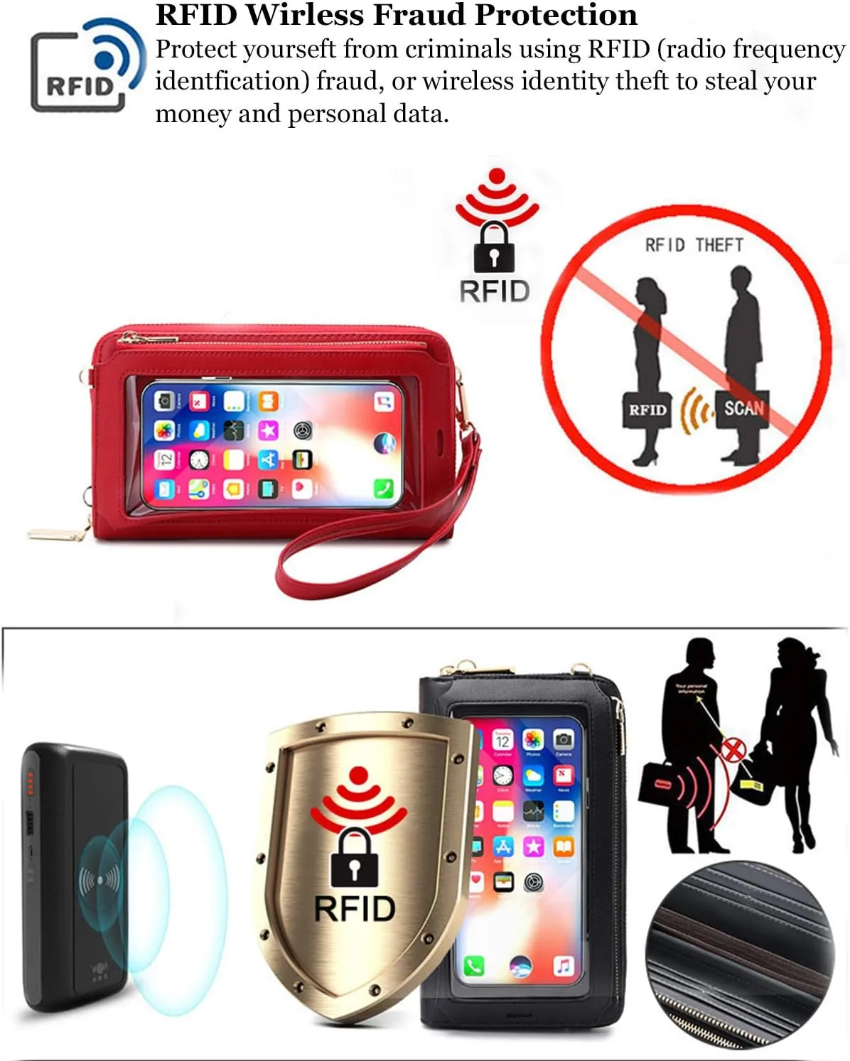 Women Touch Screen Crossbody Bags Cell Phone Wristlets Purse RFID Blocking Clutch Wallets Card Holder