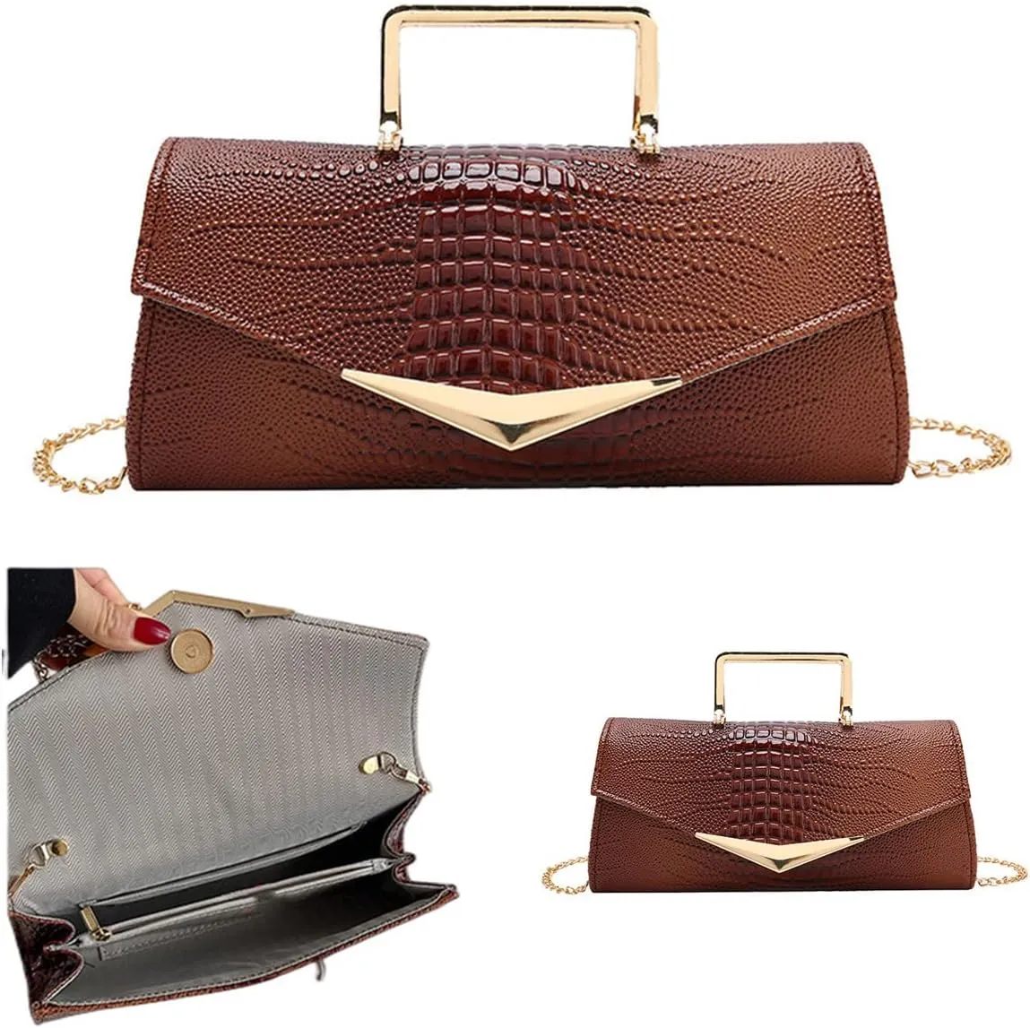 Women Vegan Leather Evening Handbag Crocodile Pattern Handle Clutch Purse Cross Body Envelope Bag