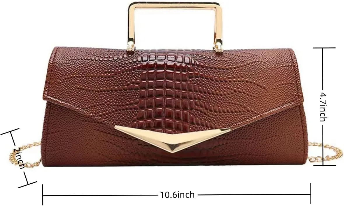 Women Vegan Leather Evening Handbag Crocodile Pattern Handle Clutch Purse Cross Body Envelope Bag
