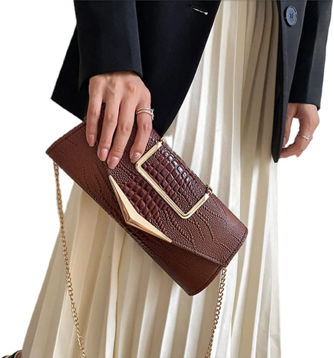 Women Vegan Leather Evening Handbag Crocodile Pattern Handle Clutch Purse Cross Body Envelope Bag