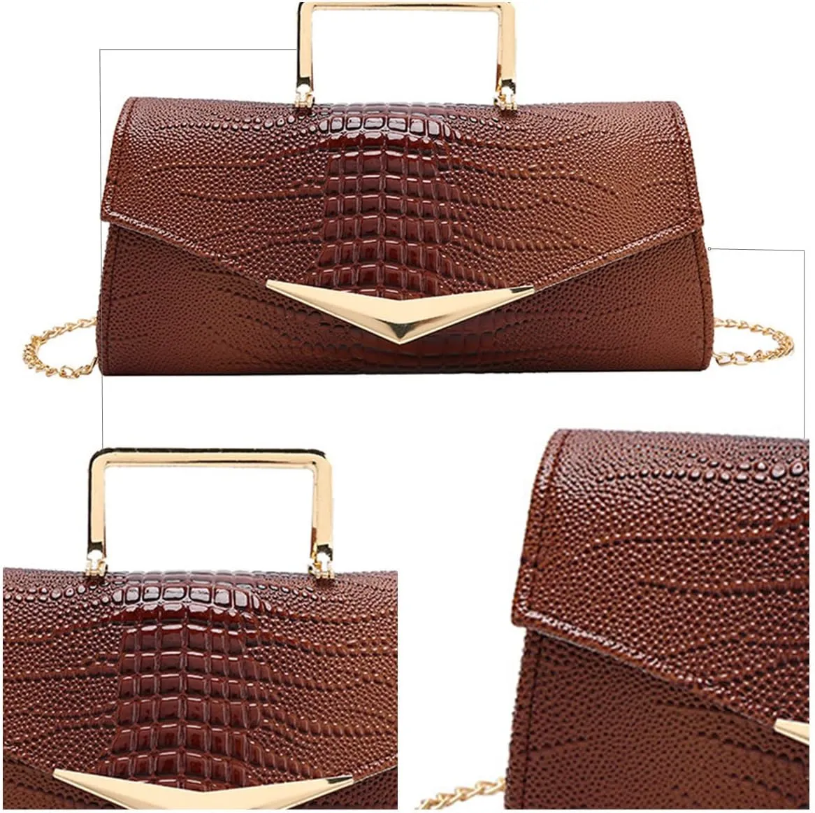 Women Vegan Leather Evening Handbag Crocodile Pattern Handle Clutch Purse Cross Body Envelope Bag