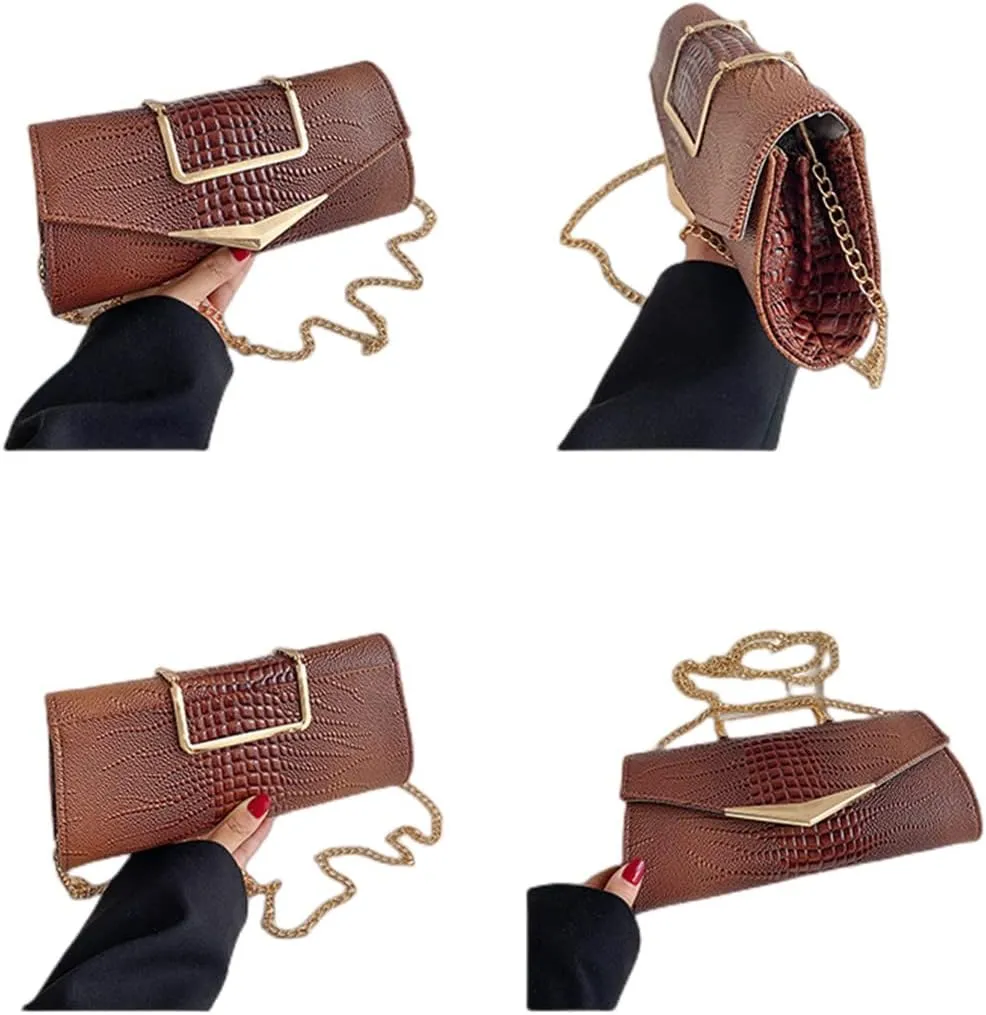 Women Vegan Leather Evening Handbag Crocodile Pattern Handle Clutch Purse Cross Body Envelope Bag
