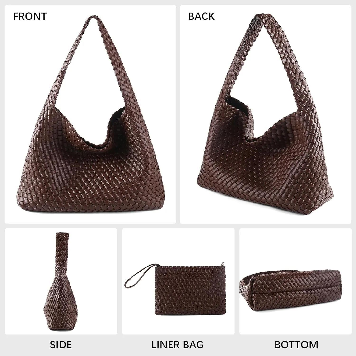 Women Vegan Leather Hand-Woven Tote Handbag Fashion All-Match Underarm Bag with Purse Soft Summer Hobo Tote Bag