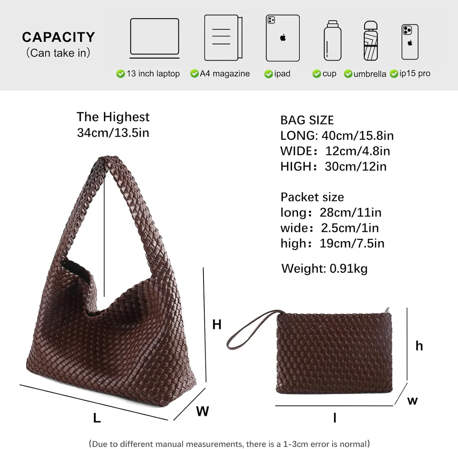 Women Vegan Leather Hand-Woven Tote Handbag Fashion All-Match Underarm Bag with Purse Soft Summer Hobo Tote Bag